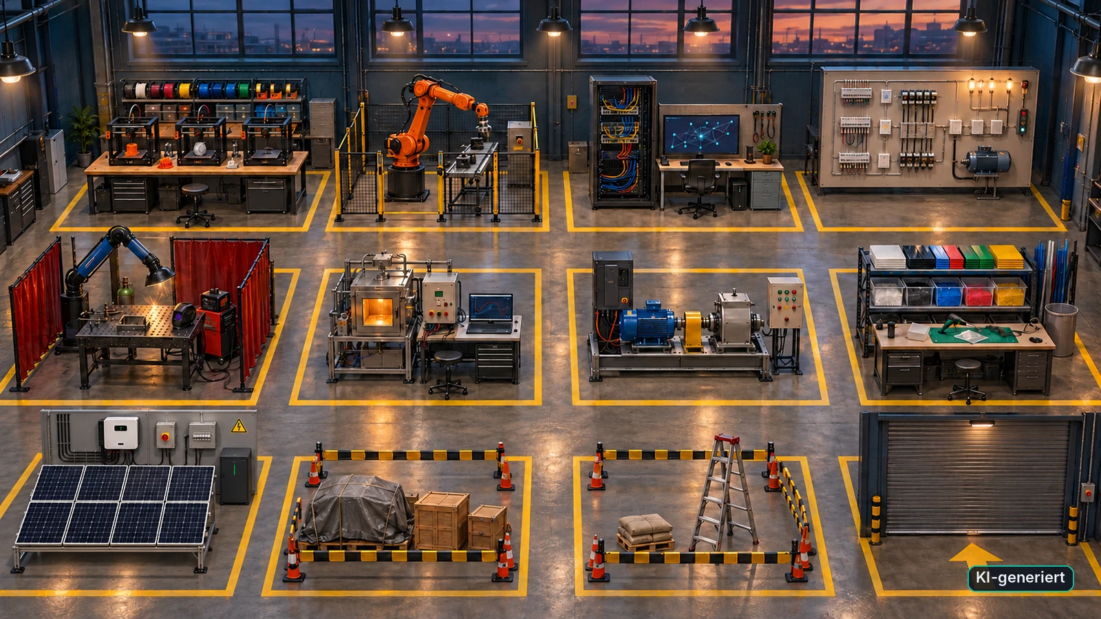 Gezeichnete Halle 2 von oben: 3D-Drucker, Roboterzelle, Netzwerkschrank, große Elektro-Übungswand, Schweißplatz, Regelstrecke mit Ofen, Motorprüfstand, Kunststoff-Ecke, Photovoltaik-Station mit Solarmodulen, Wechselrichter und Speicher, zwei abgesperrte Baustellen und ein Rolltor.